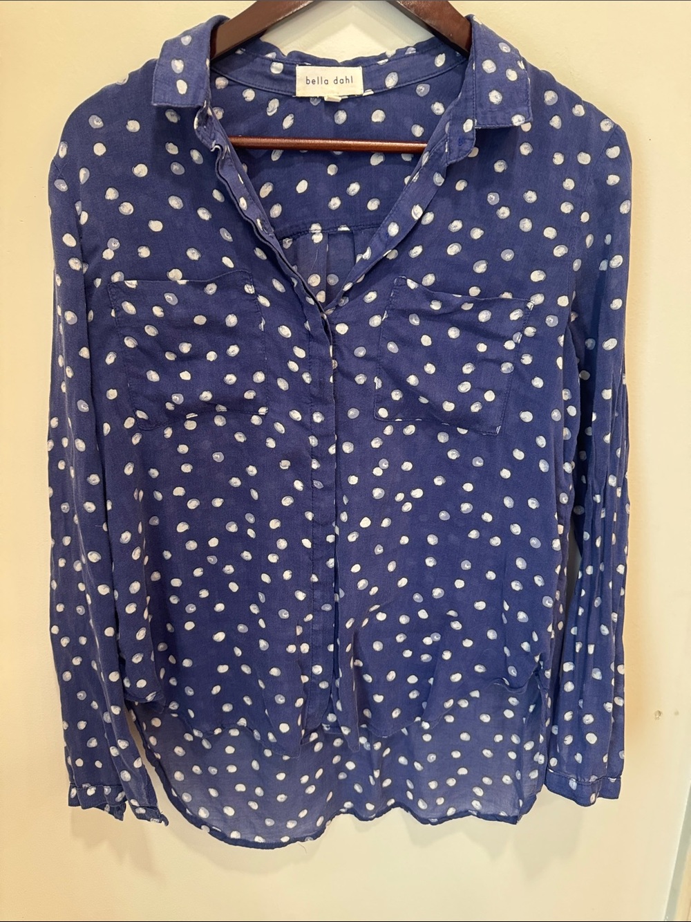 Bella Dahl Blue White Polka Dot Button Down Shirt High-Low Blouse L